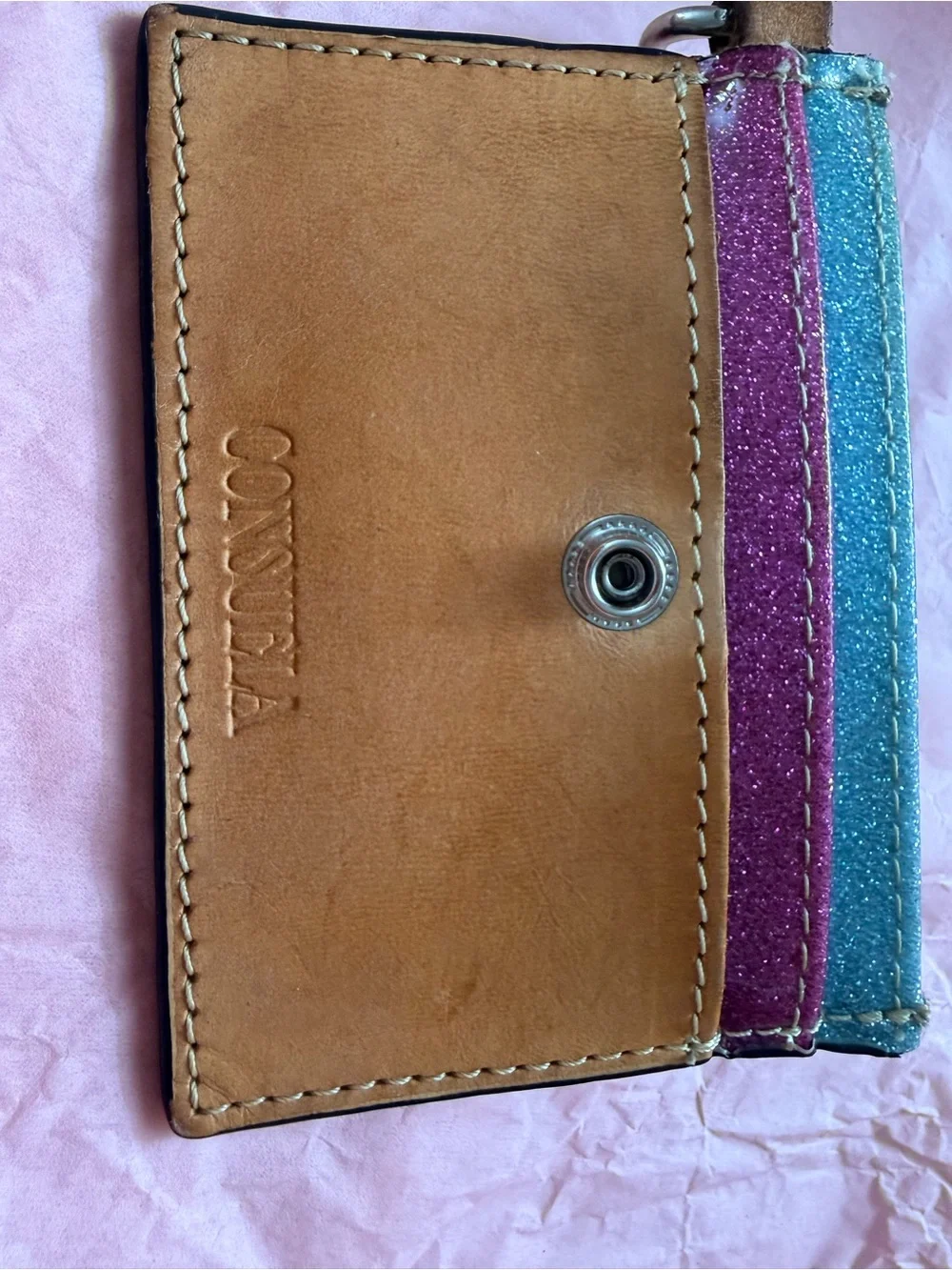 Consuela Tan Leather Card Holder with Pink and Blue Glitter Strips